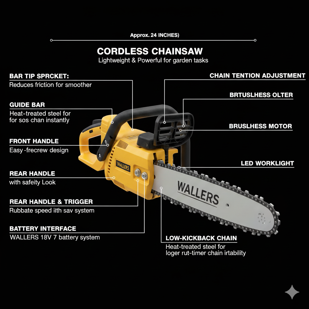 Wallers mootorsaagi detailvaade - täpsustatud ohutusfunktsioonid ja professionaalne disain