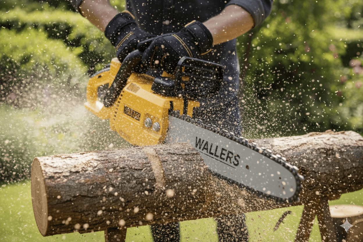 Wallers professionaalne mootorsaag tegevuses - puidu lõikamine täpsusega ja võimsusega