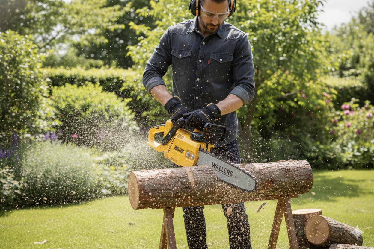 Wallers juhtmevaba mootorsaag lähedalt - näitab kvaliteetset konstruktsiooni ja disaini